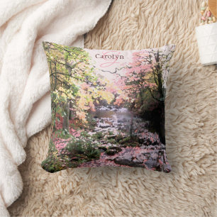 Pink forest glade, pretty stream, personalized cushion