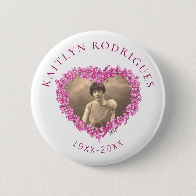 Pink forget-me-not flowers heart photo memorial 6 cm round badge (Front)