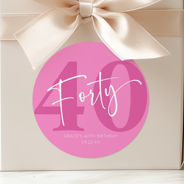 Pink Forty 40th Fortieth Birthday Party Favour Classic Round Sticker (Creator Uploaded)