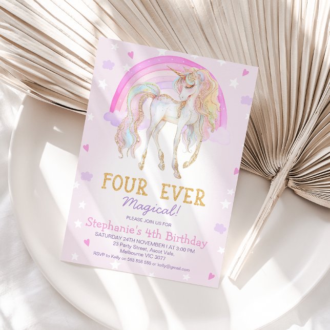 Pink Four Ever Magical Unicorn 4th Birthday Invitation (Pink Four Ever Magical Unicorn 4th Birthday Invitation Template, Rainbow Unicorn 4th Birthday Invite)