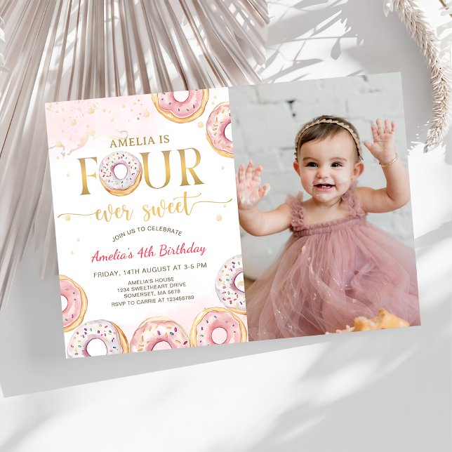 Pink Four Ever Sweet Doughnut 4th Birthday Photo Invitation (Creator Uploaded)