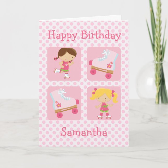 Pink Four Square Rollerskating Birthday Card (Front)
