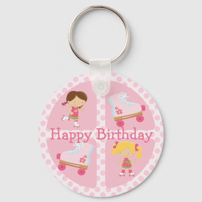 Pink Four Square Rollerskating Birthday Key Ring (Front)