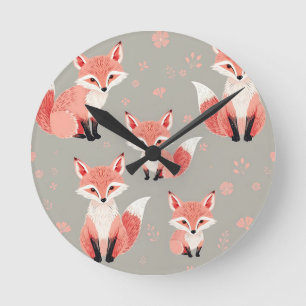 Pink Fox Baby Nursery Cute Woodland Animal Pattern Round Clock
