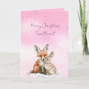Pink Fox Bunny Love Glitter Sweetheart Christmas Card