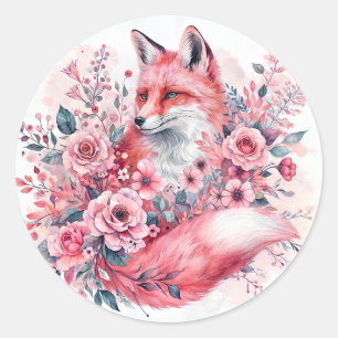 Pink Fox Floral Watercolor Art Classic Round Sticker
