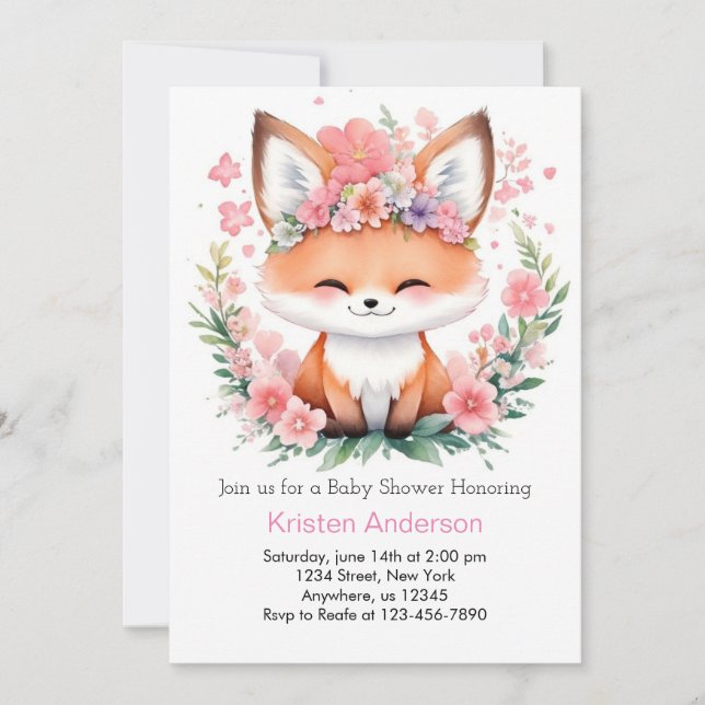 Pink Fox Meadow Blissful Boho Girl Baby Shower Invitation (Front)