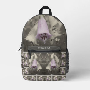 Pink Foxglove Flower Black And White Vintage Printed Backpack