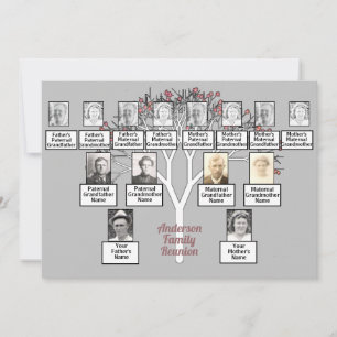 Pink Fractal Tree 3 Generation Family Reunion Grey Invitation