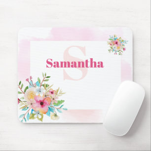 Pink Frame Watercolor Floral Custom Monogram Mouse Pad