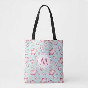 Pink Frangipani Monogram Aqua Tote Bag