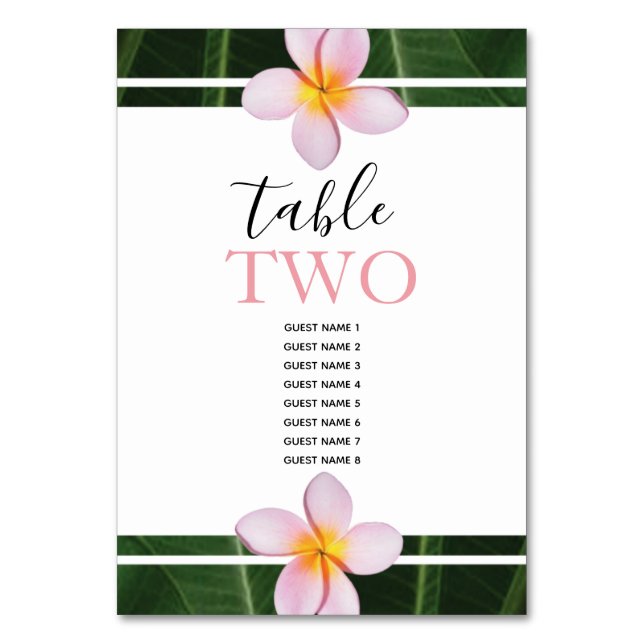 Pink Frangipani Plumeria Wedding Guest Names Table Number (Front)
