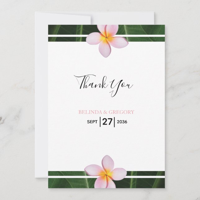 Pink Frangipani Plumeria Wedding Thank You Card (Back)