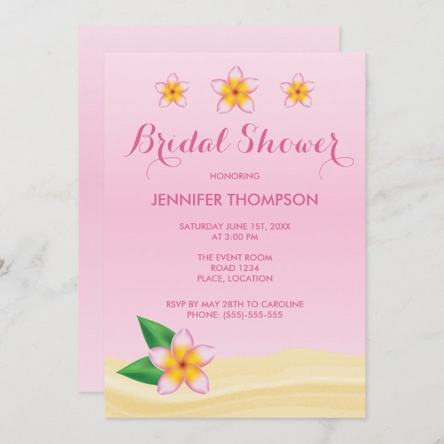 Pink Frangipani Tropical Flower Bridal Shower Invitation (Front/Back)