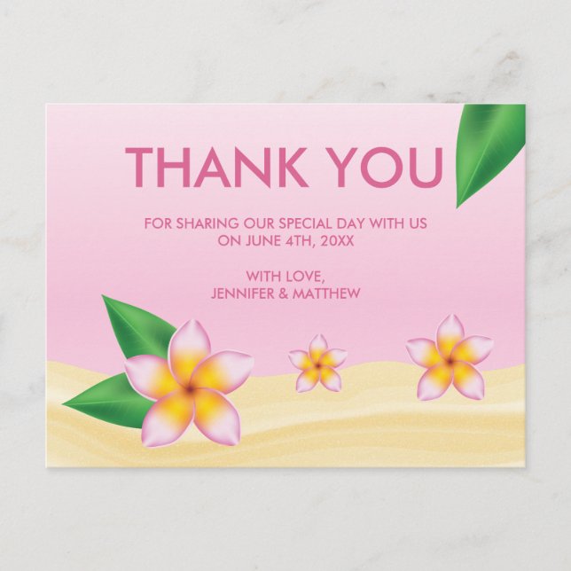 Pink Frangipani Tropical Wedding Thank You Postcard (Front)