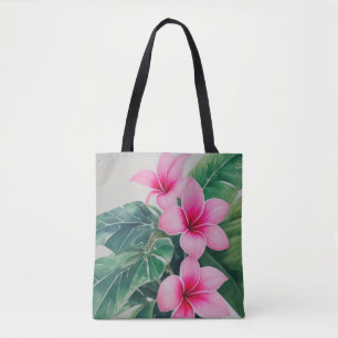 Pink Frangipani Watercolor Flowers Tote Bag