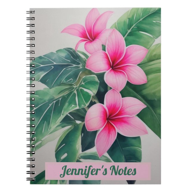 Pink Frangipani Watercolor Personalised Notebook (Front)