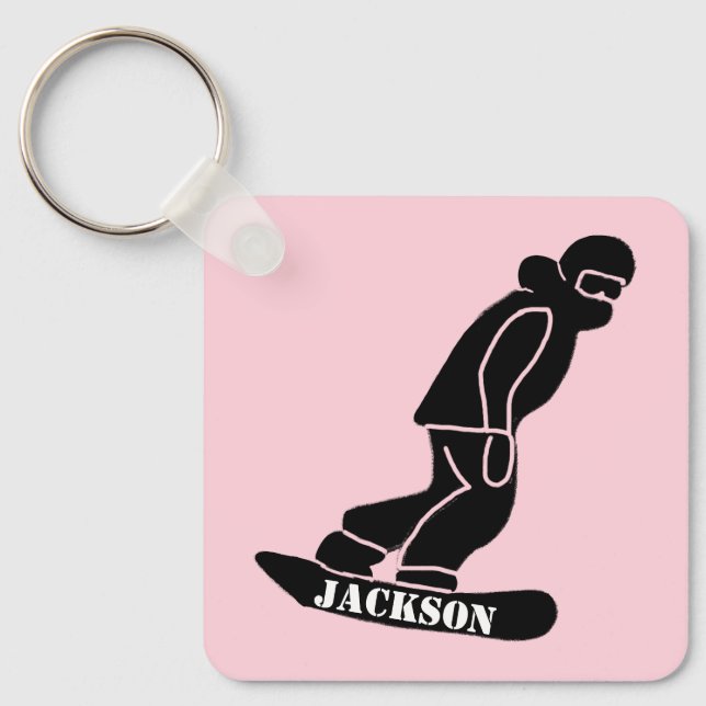 Pink Freeride Snowboarder Snowboarding Stencil Key Ring (Front)