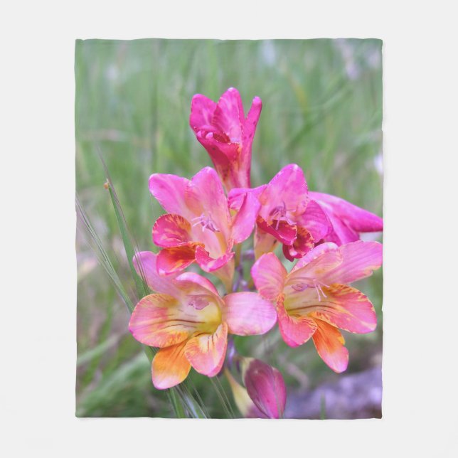 Pink Freesias Fleece Blanket (Front)