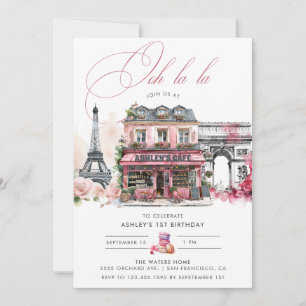 Pink French Cafe Tea Birthday Party Invitation