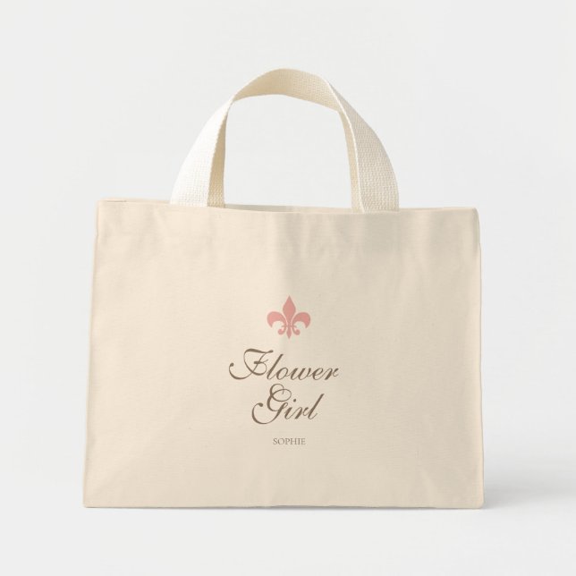 Pink French Fleur de Lis Flower Girl Name Mini Tote Bag (Front)