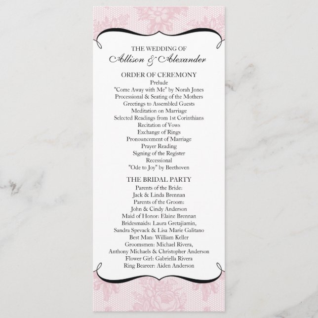 Pink French Lace Wedding Program (Front)