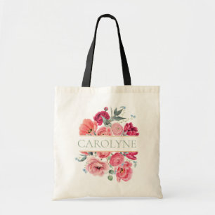Pink French Peonies Floral Bridesmaid Monogram Tote Bag