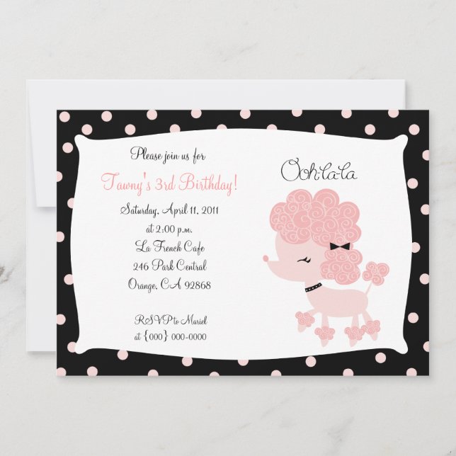 PINK FRENCH POODLE Ooh la la 5x7 Birthday Invitation (Front)