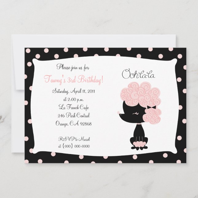 PINK FRENCH POODLE Ooh la la 5x7 Birthday Invitation (Front)
