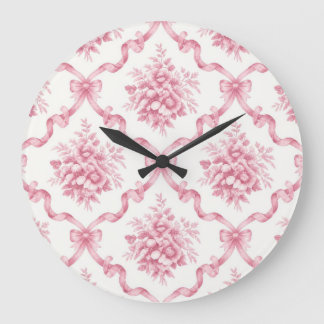 Pink French Ribbon Trellis Floral Bouquet lattice Large Clock