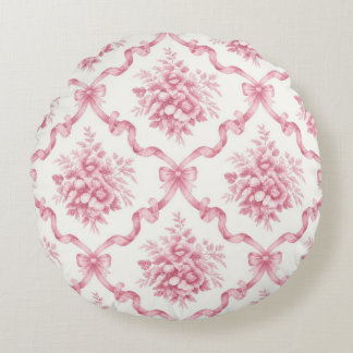 Pink French Ribbon Trellis Floral Bouquet lattice Round Cushion