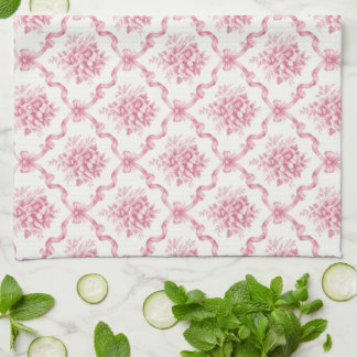 Pink French Ribbon Trellis Floral Bouquet lattice Tea Towel