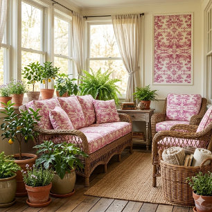 Pink French Toile Pastoral Oak Trees Vintage Decor Fabric