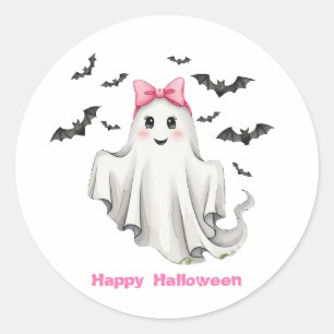 Pink Friendly Girl Ghost with Bats Flying  Classic Round Sticker