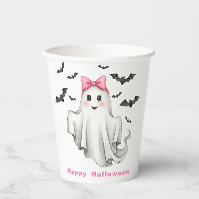 Pink Friendly Girl Ghost with Bats Flying  Paper Cups (Front)