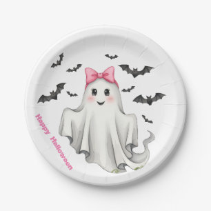 Pink Friendly Girl Ghost with Bats Flying  Paper Plate