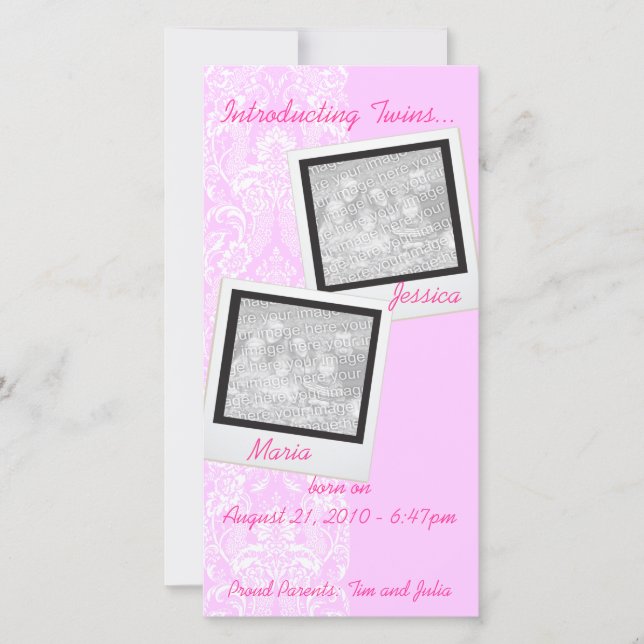 Pink Frilly Lace Twin Photo Announcement Cards (Front)