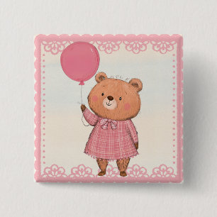 Pink Fringe Dress Bear with Pink Balloon 15 Cm Square Badge