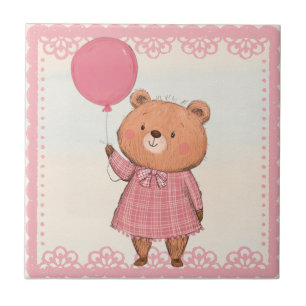 Pink Fringe Dress Bear with Pink Balloon Ceramic Tile
