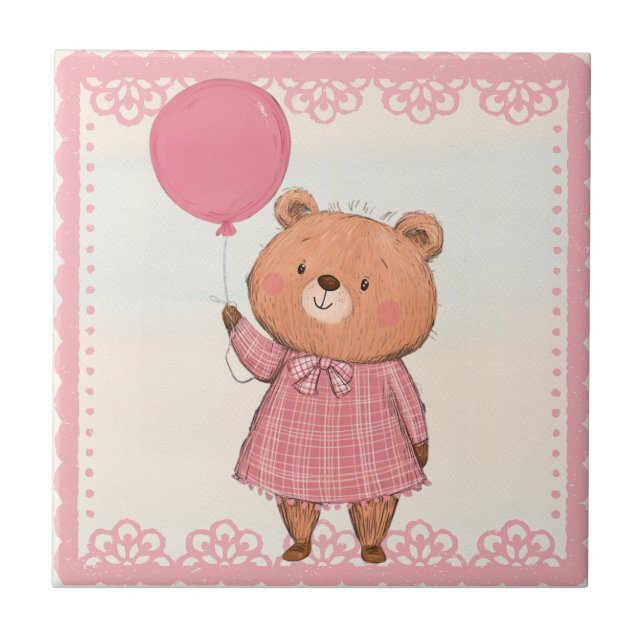 Pink Fringe Dress Bear with Pink Balloon Ceramic Tile (Front)