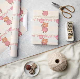 Pink Fringe Dress Bear with Pink Balloon Wrapping Paper
