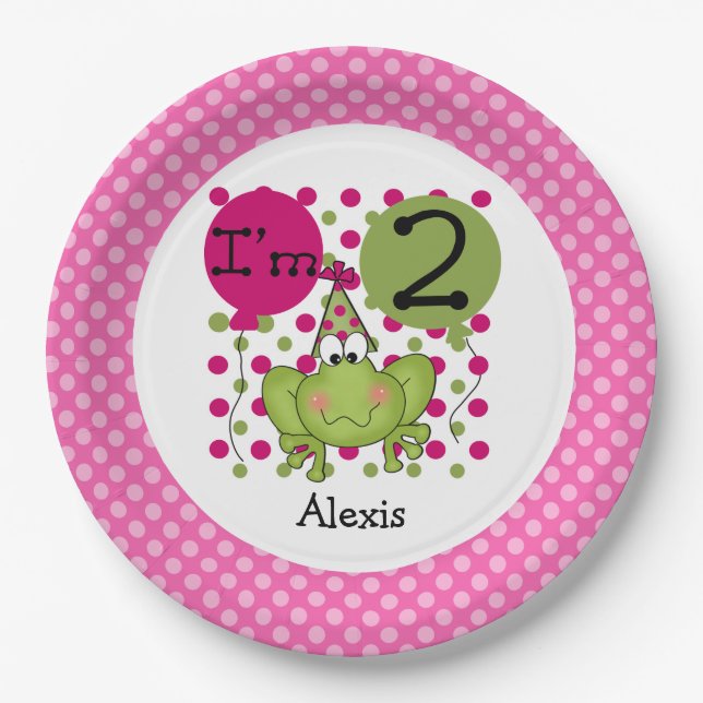 Pink Frog 2nd Birthday Paper Plates (Front)