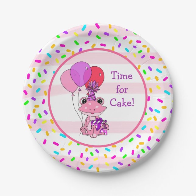 Pink Frog Girl's Birthday Candy Sprinkles Party Paper Plate (Front)