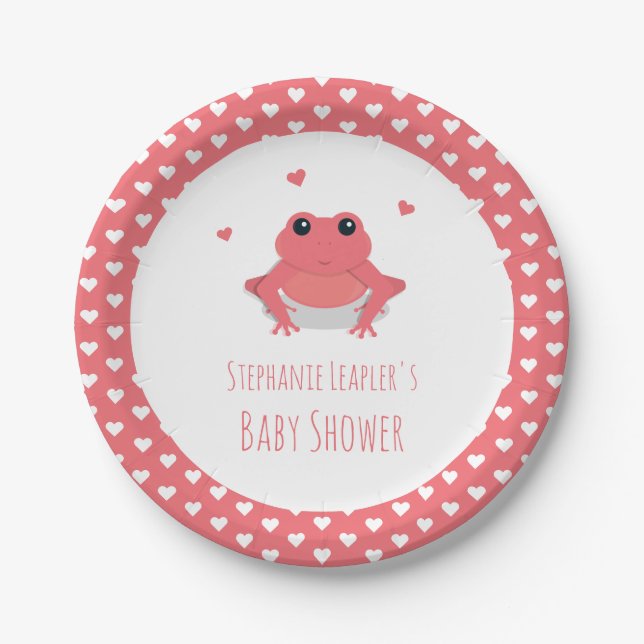 Pink Frog Hearts Name Baby Shower Paper Plate (Front)
