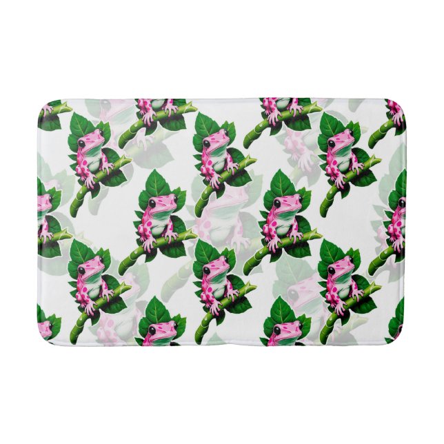 Pink Frog On Green Leaf Pattern Design Bath Mat (Front)
