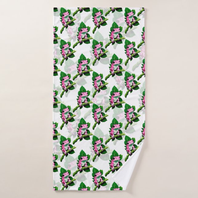 Pink Frog On Green Leaf Pattern Design Bath Towel (Bath Towel)