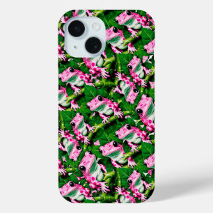 Pink Frog On Green Leaf Pattern Design  iPhone 15 Case