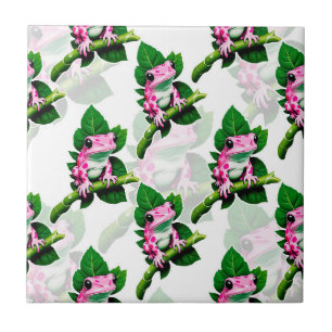 Pink Frog On Green Leaf Pattern Design Ceramic Tile
