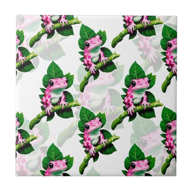 Pink Frog On Green Leaf Pattern Design Ceramic Tile (Front)
