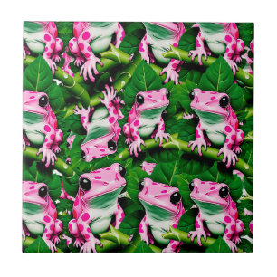 Pink Frog On Green Leaf Pattern Design  Ceramic Tile